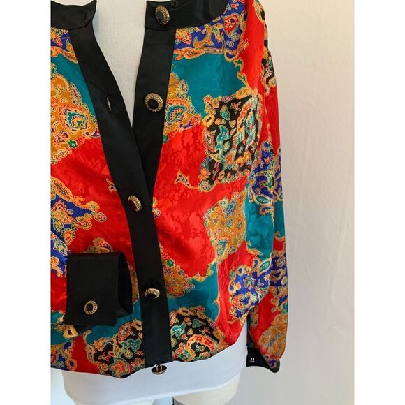 VTG Notations Versace Look Jacket Top 16W Red Satin Abstract Ornate Button Crop - Picture 14 of 16